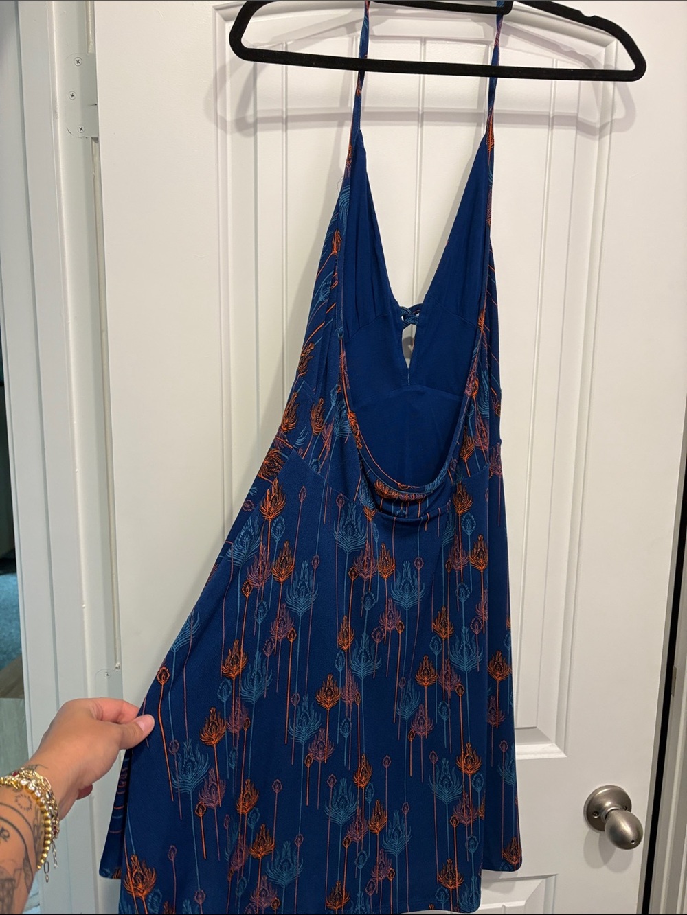 Free People Blue Floral-Print V-Neck Mini Dress-peacock pattern/halter - Picture 7 of 7
